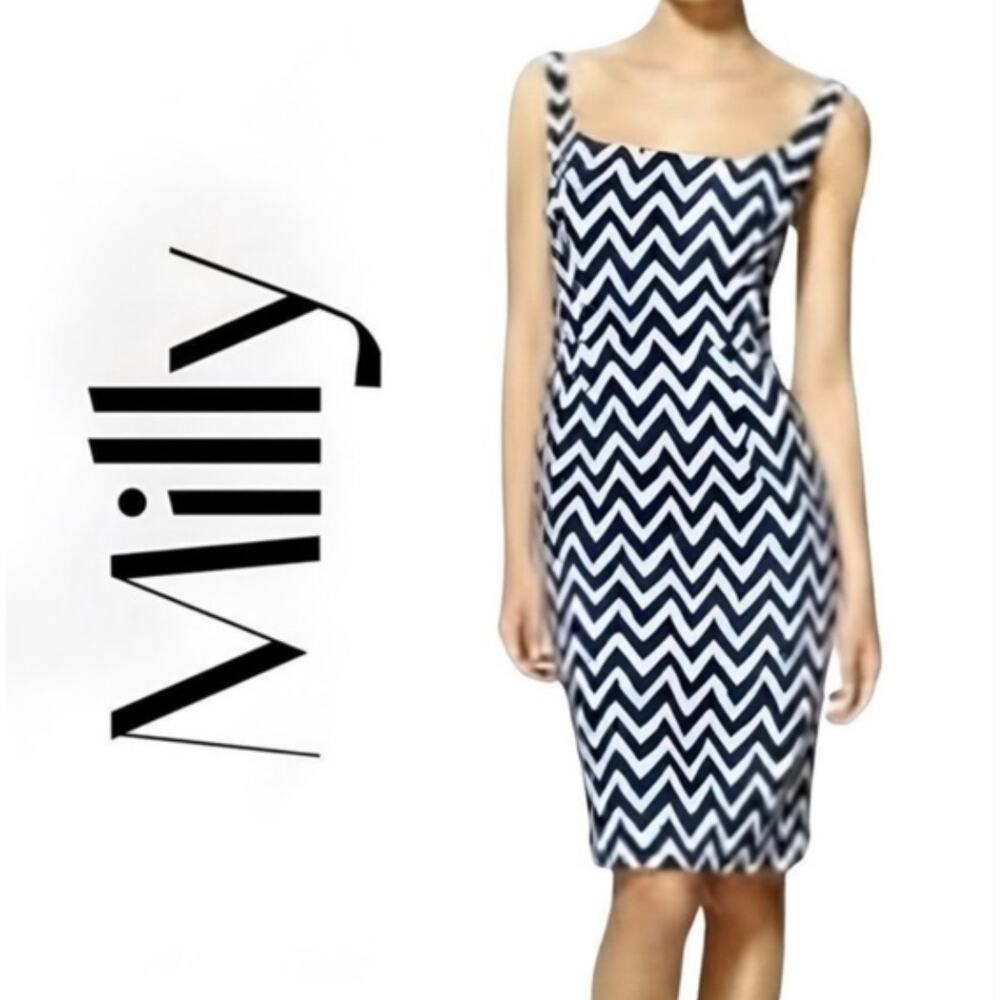 Milly Of New York Womens 10 Blue White Chevron Midi Sheath Tank Dress Designer